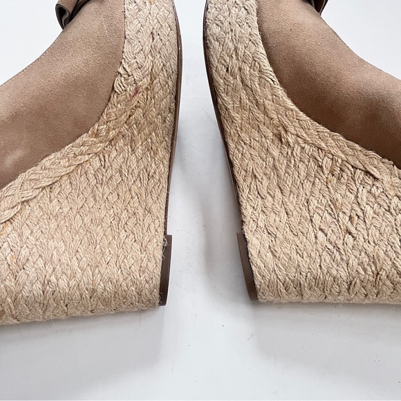 Michael Kors Wedge Sandals Tan Suede Meg Bow Peep Toe Espadrilles Size 9 - Picture 7 of 10